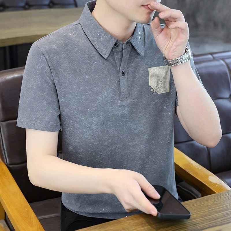 夏季新款满天星痞帅男士梅花刺绣POLO衫翻领T恤修身新中式上衣潮