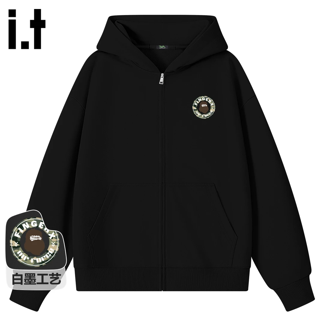 it FINGERCROXX重磅开衫外套男2025秋季美式复古风迷彩猴印花卫衣