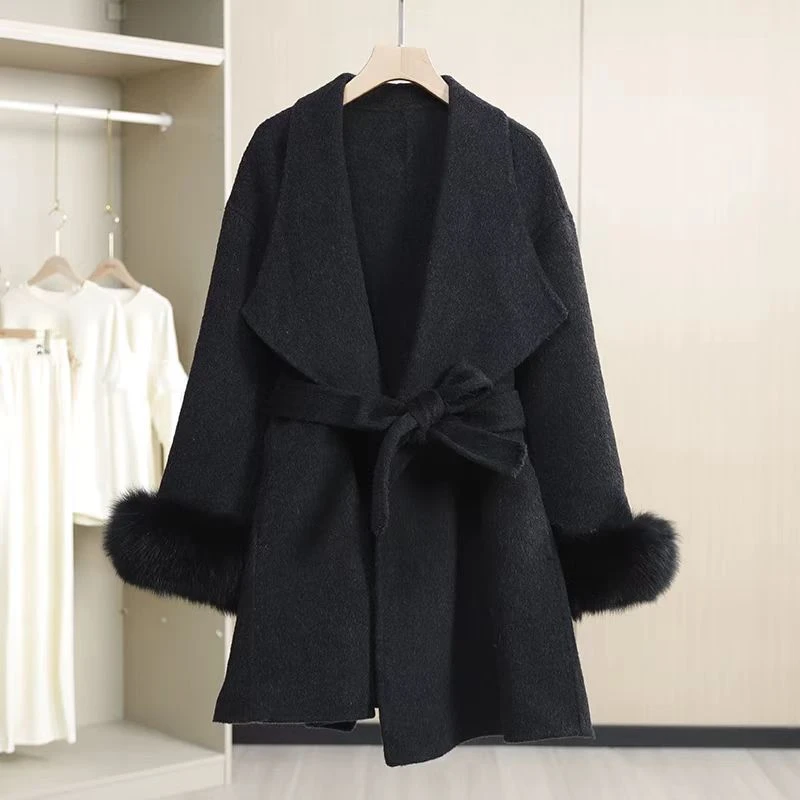 pss 2501小燕子荷叶领毛呢外套中长款网红松毛呢冬季外套呢大衣