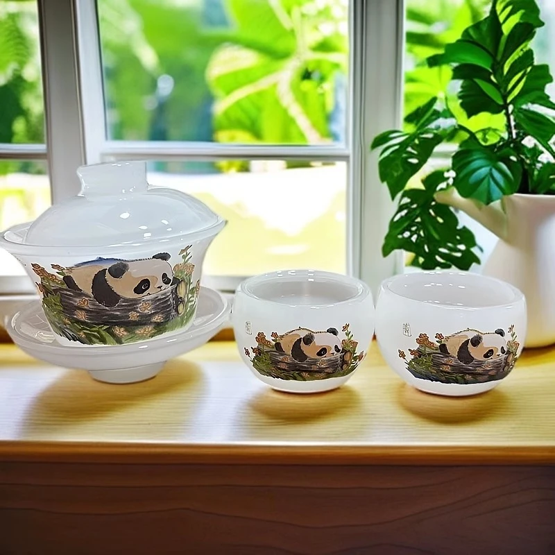 冰种琉璃熊猫三才盖碗精致变色泡茶碗茶杯中国风家用功夫茶具