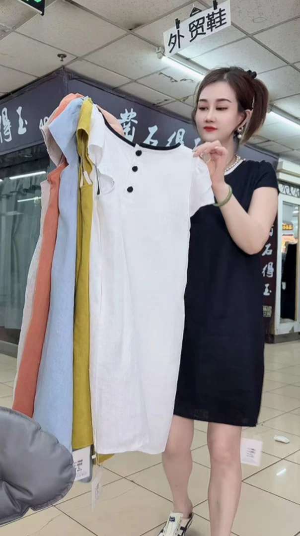 02亚麻后扣时尚连衣裙