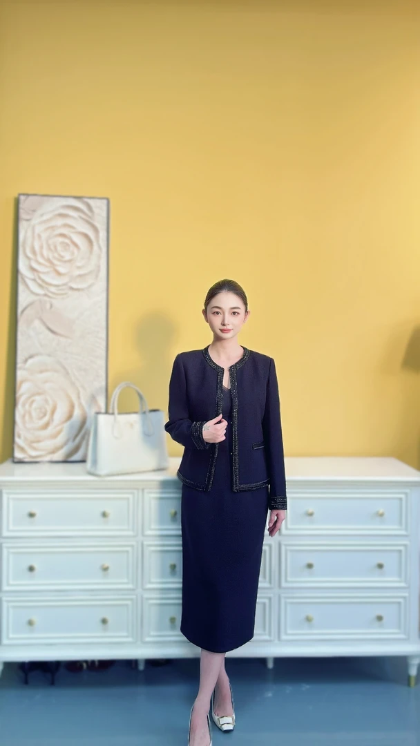 剀剀莉（月下山茶花）黑色高定时尚气质显瘦重工手工钉珠小香风套装