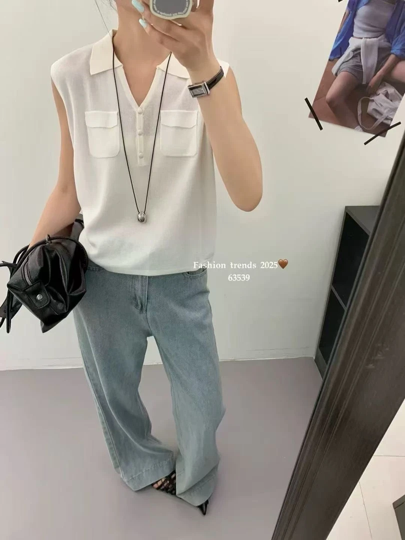 WYFS剪刀领双口袋POLO针织衫