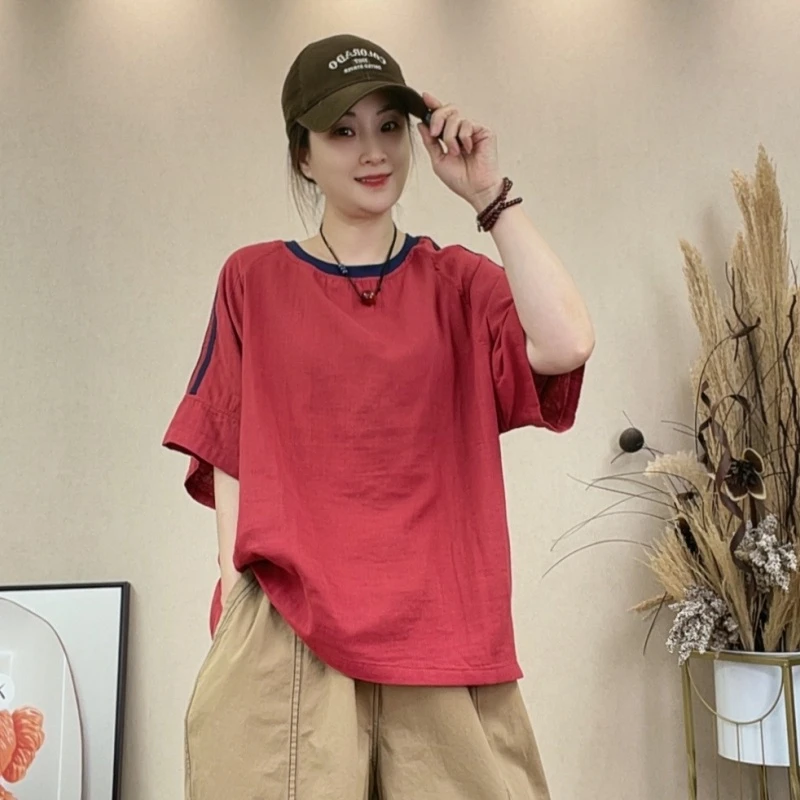 3567#休闲百搭宽松显瘦夏季时尚圆领简约半袖减龄复古洋气T恤