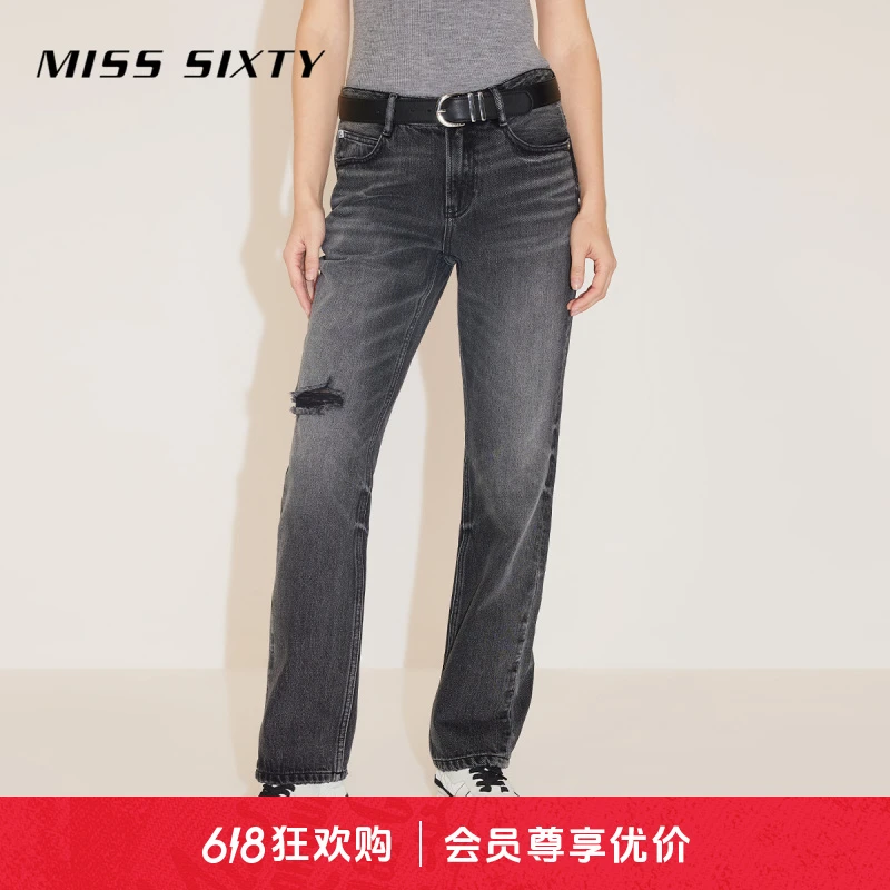 Miss Sixty2024春季新款牛仔裤女直筒破洞复古黑灰色休闲街头风