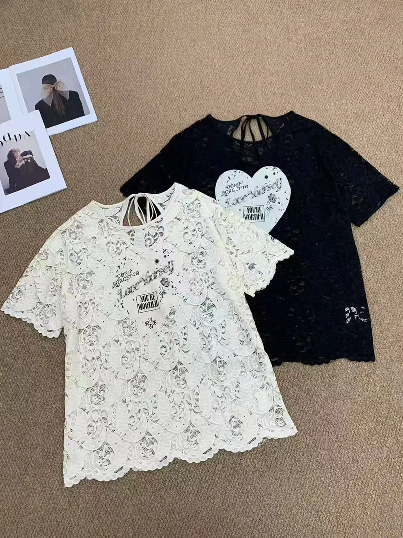 深圳南油欧货女装2025夏季钉珠字母爱心轻奢别致短袖蕾丝衫