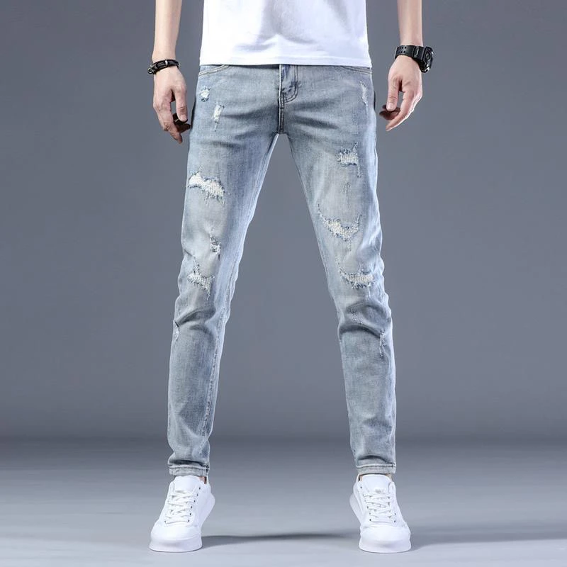 【轻奢高定】潮流个性薄款浅蓝假破洞痞帅百搭修身弹力小脚男长裤