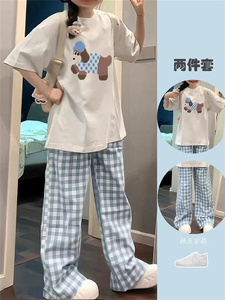 中大童甜妹套装小狗短袖T恤女童夏季宽松休闲风格子阔腿裤两件套