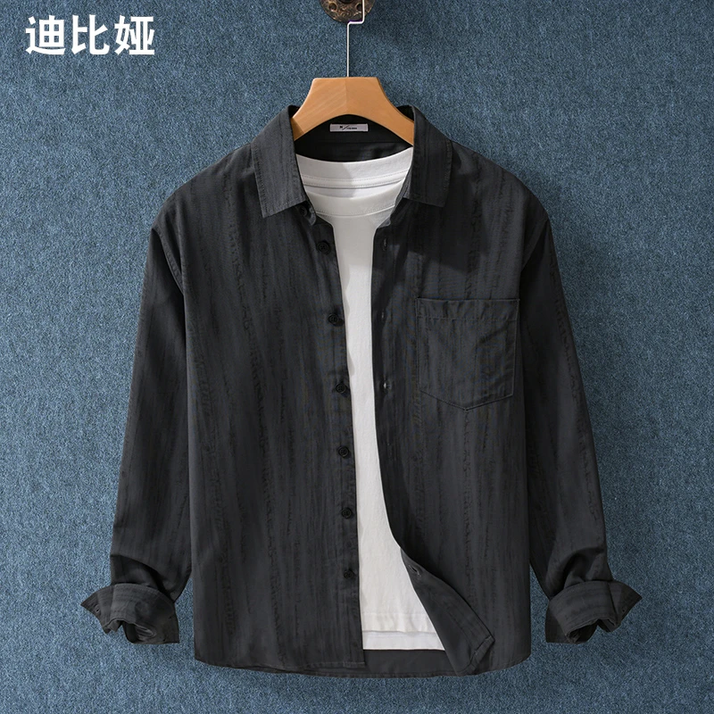 迪比娅日系复古做旧印花衬衫男长袖文艺休闲百搭春秋季新款衬衣Y