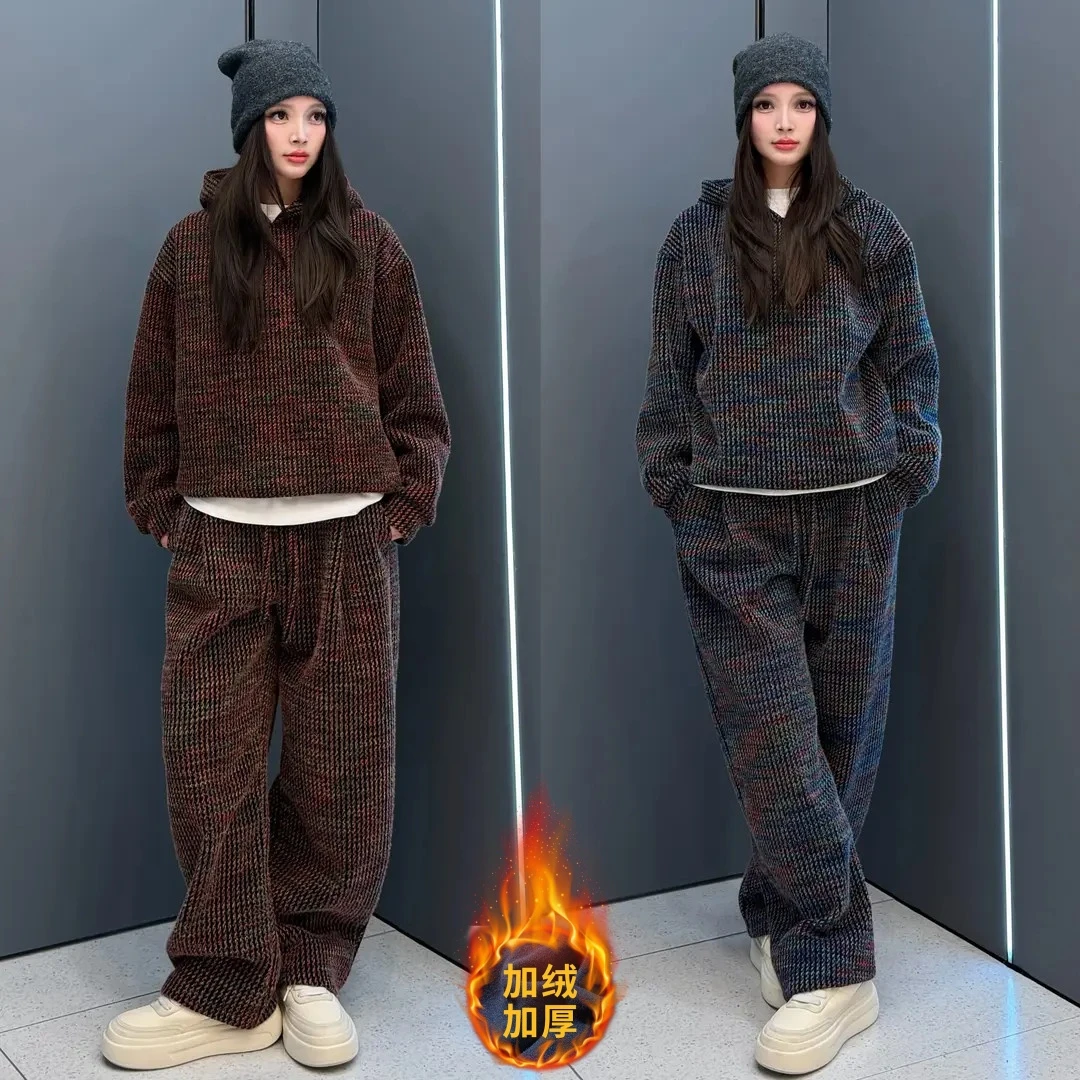 冬季定制情侣款加绒套装免烫抗皱重磅休闲连帽卫衣休闲裤两件套