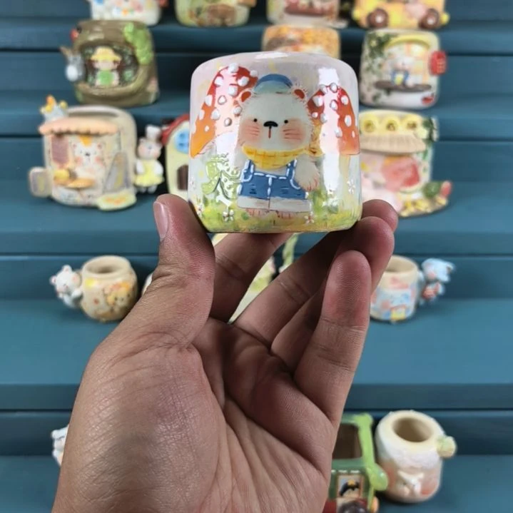 蘑菇小熊 手绘多肉花盆