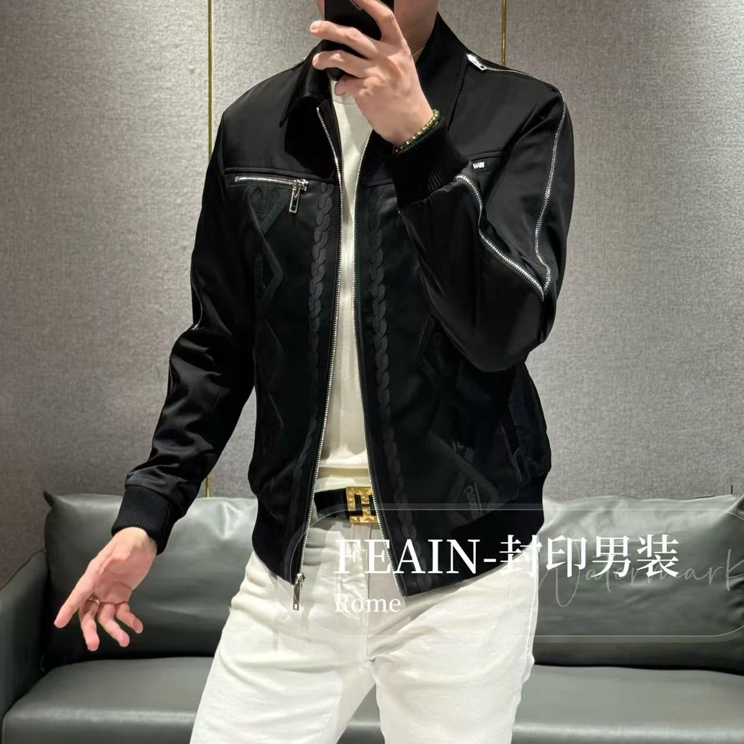 【进口醋酸】流体雕塑设计桑蚕丝内衬拼拉链夹克8183