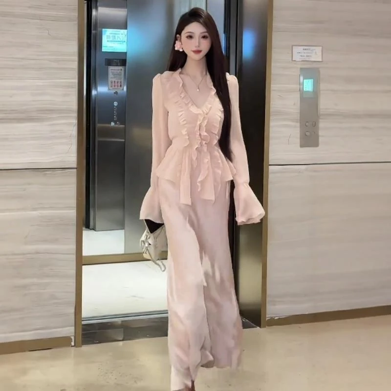 法式复古荷叶边上衣套装夏季显瘦气质长袖衬衫时尚收腰半裙两件套