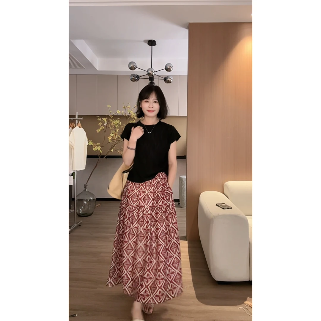 【清】大鱼定制 复古度假波嬉风印花高腰显瘦夏季女士天丝麻半身裙