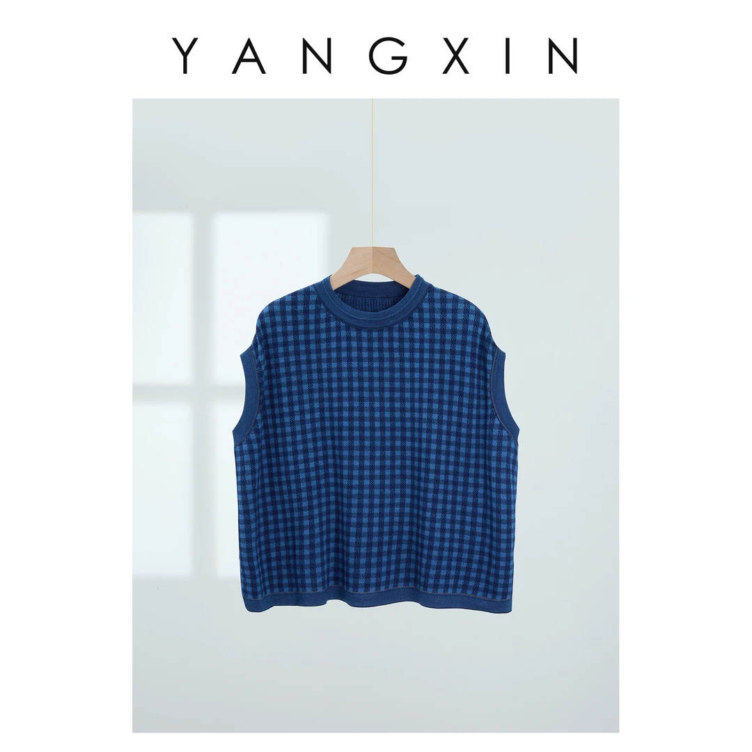 【无龄·杨昕】“棉染格序”日系小众蓝染格纹纯棉无袖小圆领SS06034