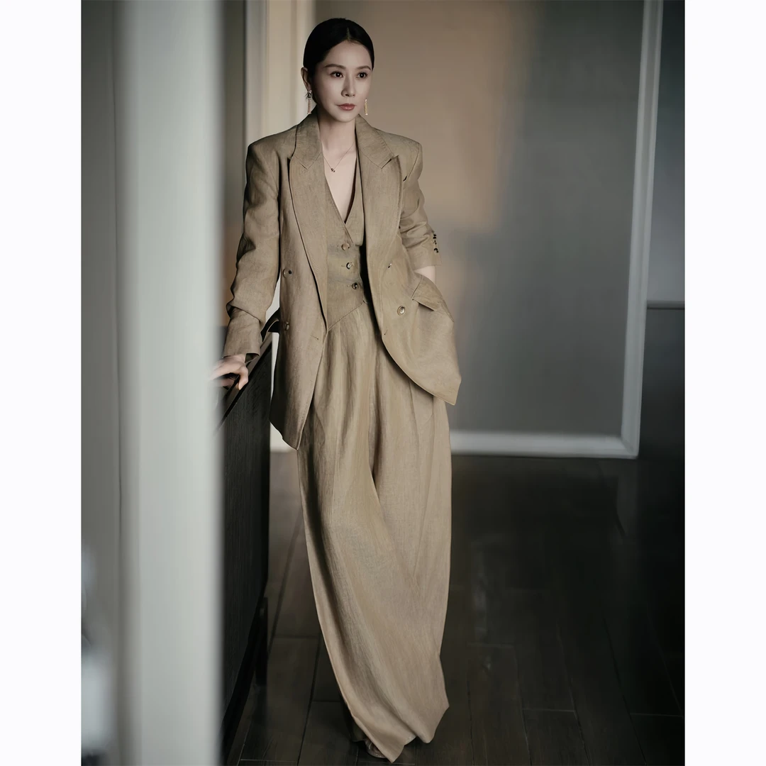 ZEROYK明星同款高端定制商务风亚麻西装马甲阔腿裤职场通勤三件套