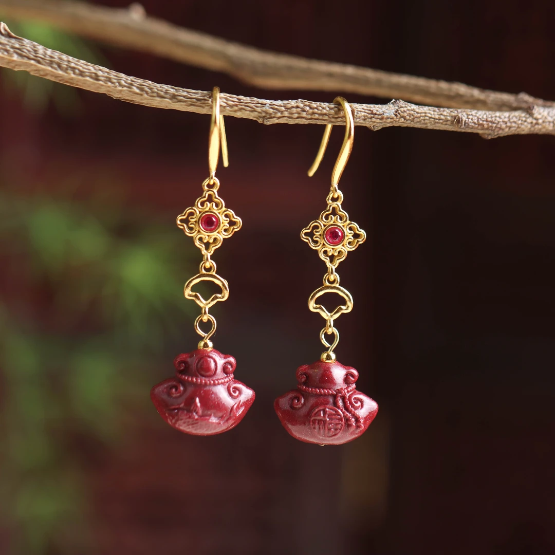 含辰砂工艺品S925银镶嵌朱砂工艺品福袋民族风女款耳坠