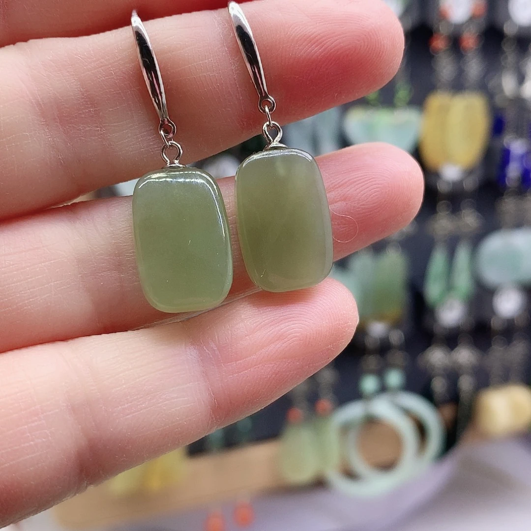 和田玉银S925镶嵌耳饰