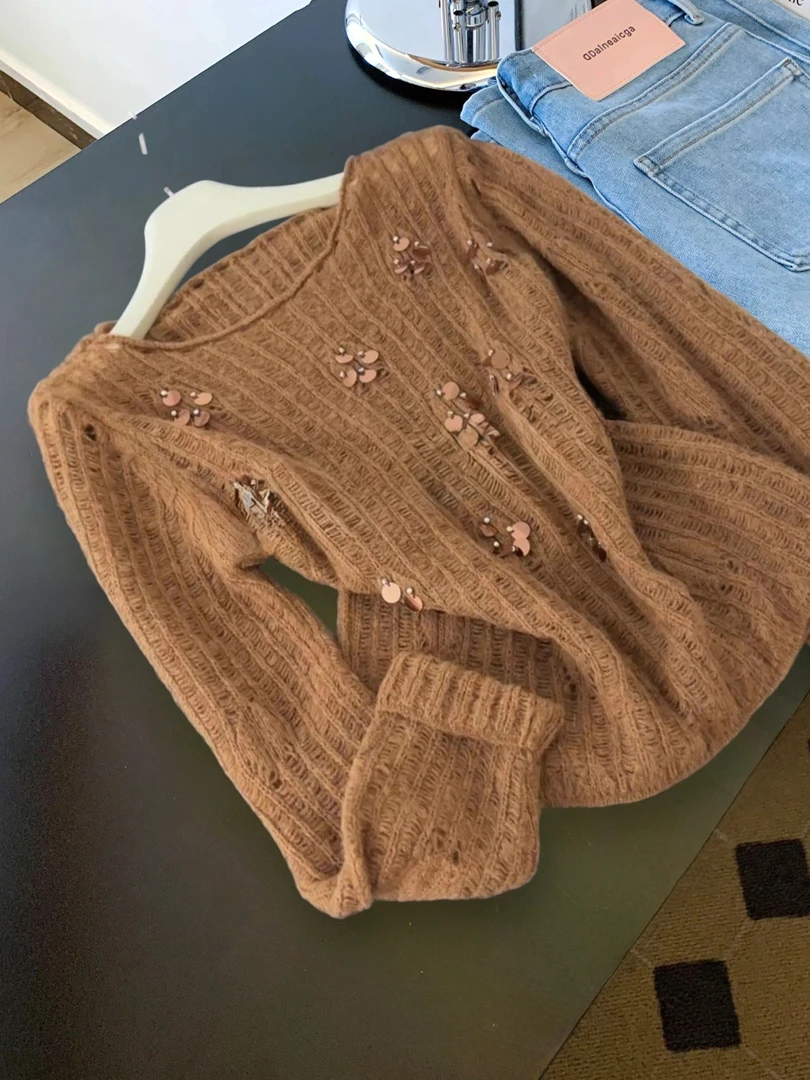 韩版早秋chic针织毛衣薄款亮片焦糖棕罩衫女装美拉德风百搭上衣