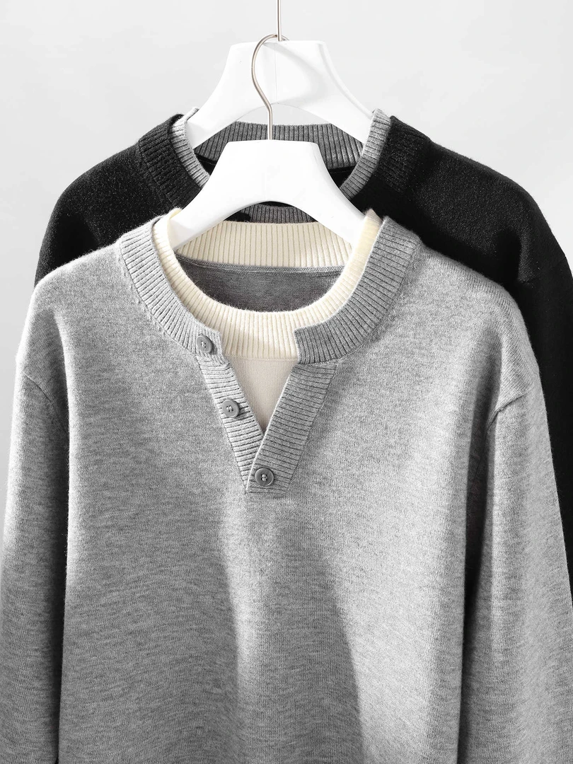 秋冬季老钱风男装毛衣圆领纯色假两件针织衫简约时尚百搭针织衫男