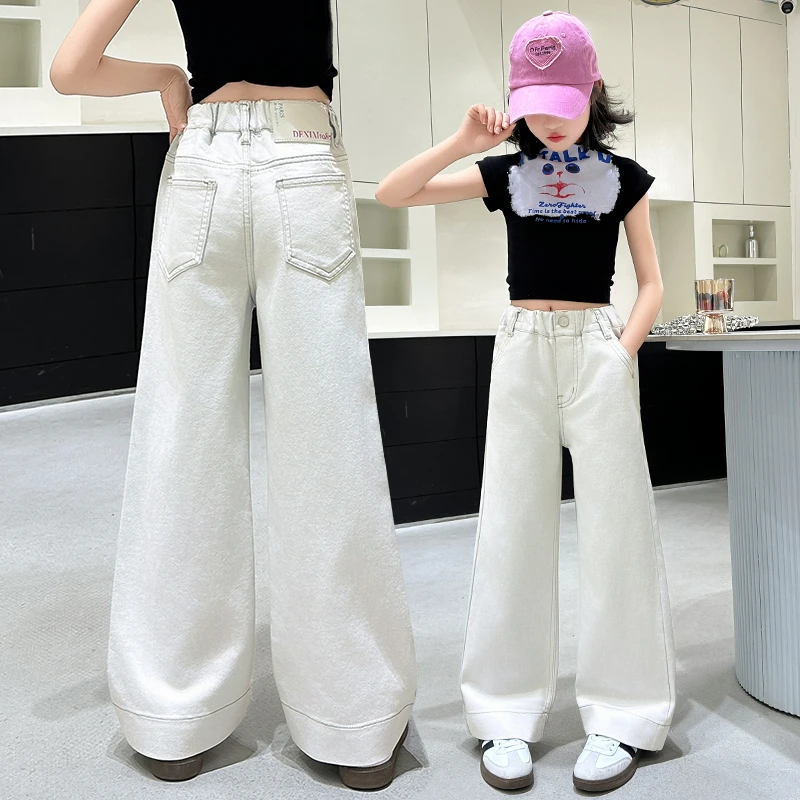 女童牛仔裤春夏2025新款儿童窄版白色直筒裤女大童春季阔腿裤裤子