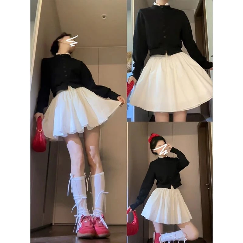 2025春季新款韩系芭蕾风甜美套装拼接针织开衫上衣a字裙两件套装