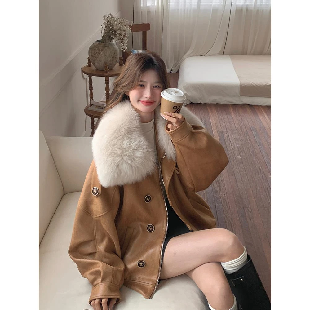 美拉德大毛领短款派克羽绒服女冬季2025新款高级感加厚鹿皮绒外套