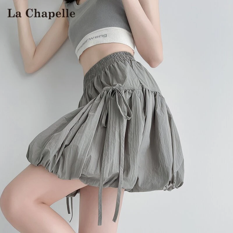 拉夏贝尔灰色花苞蓬蓬短裙女夏季2025新款设计感防走光蛋糕半身裙