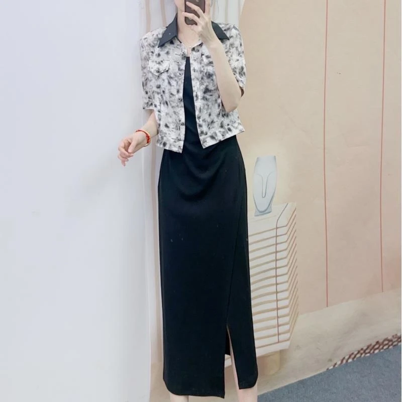 296晕染花翻领短袖外披+显瘦吊带连衣裙两件套裙296/GP