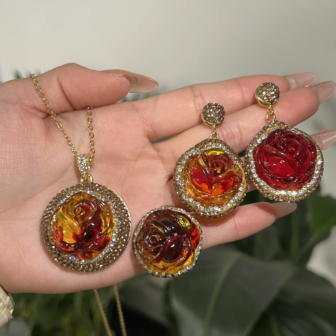 铜合金耳饰 【591】玫瑰花项链戒指耳钉三件套个性中古国风饰品套装