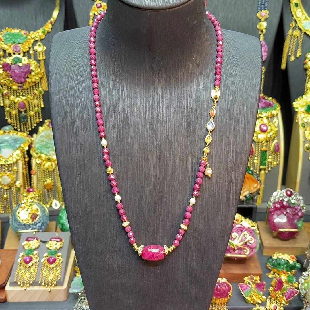 银S925镀金镶嵌项链红宝石