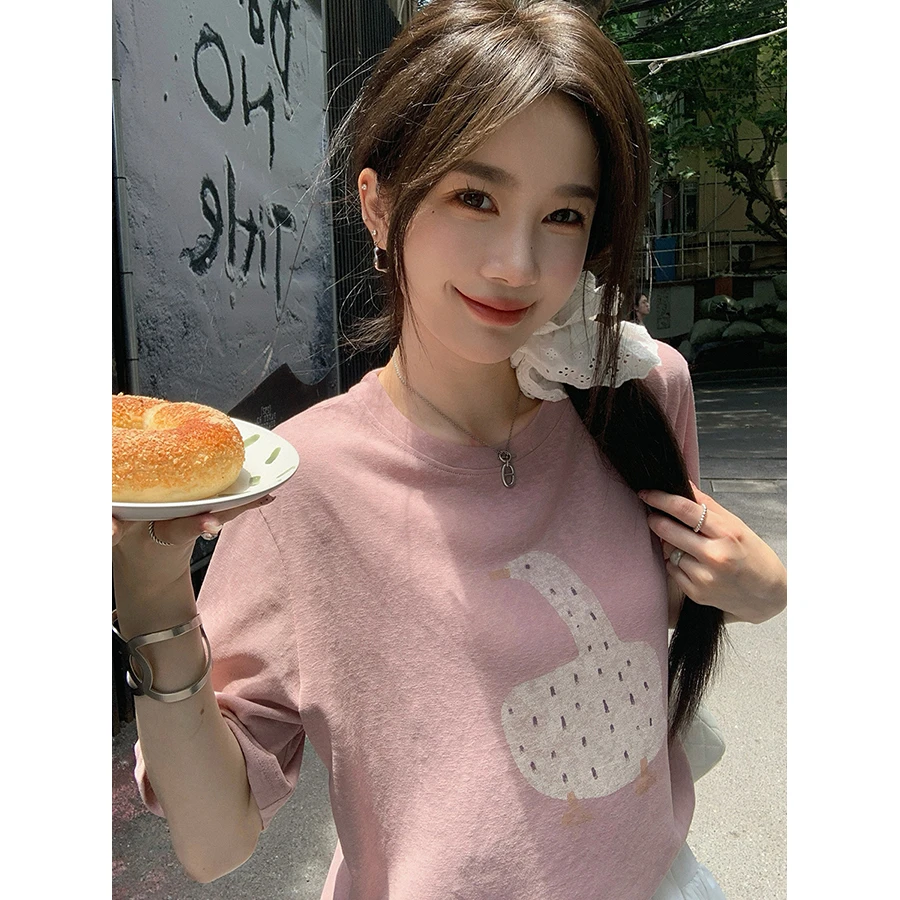 张贝贝 云感雪花麻感 搞怪大鹅印花T 休闲百搭圆领