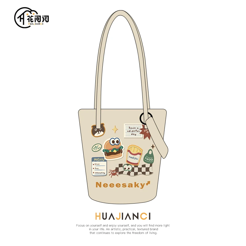 花间词原创插画休闲时尚通勤水桶帆布包包女款可爱单肩可斜挎加长