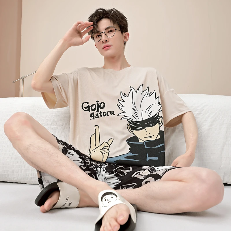男士睡衣夏季短袖冰丝凉感卡通青少年休闲大码薄款学生家居服套装