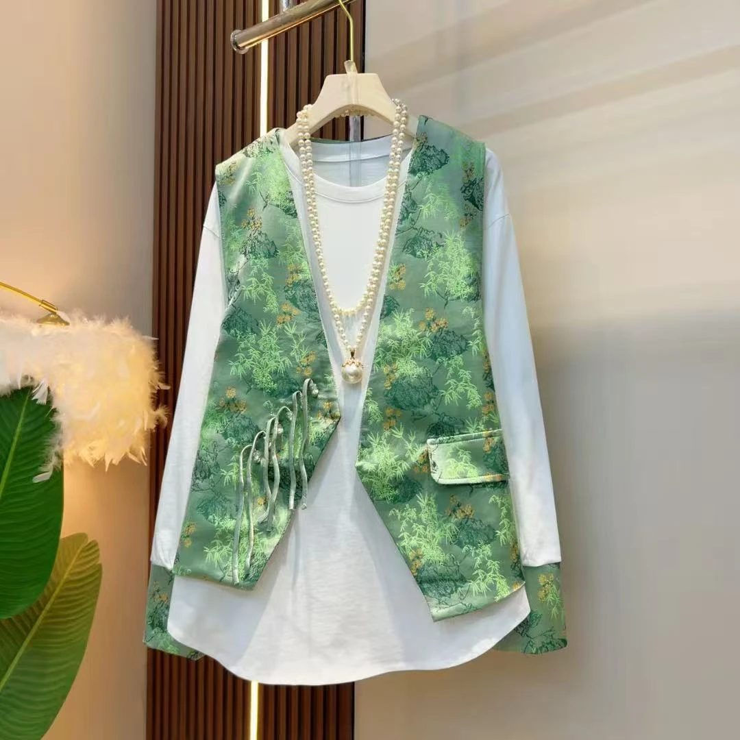 2025早春新款时尚国风斜襟盘扣复古宽松马甲百搭纯色打底套装2088