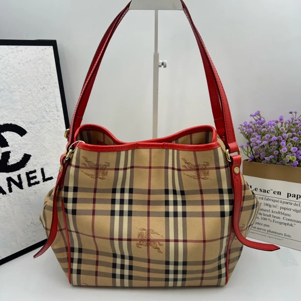 95新 BURBERRY/博柏利 7718/巴宝莉战马格纹橘红子母托特单肩包