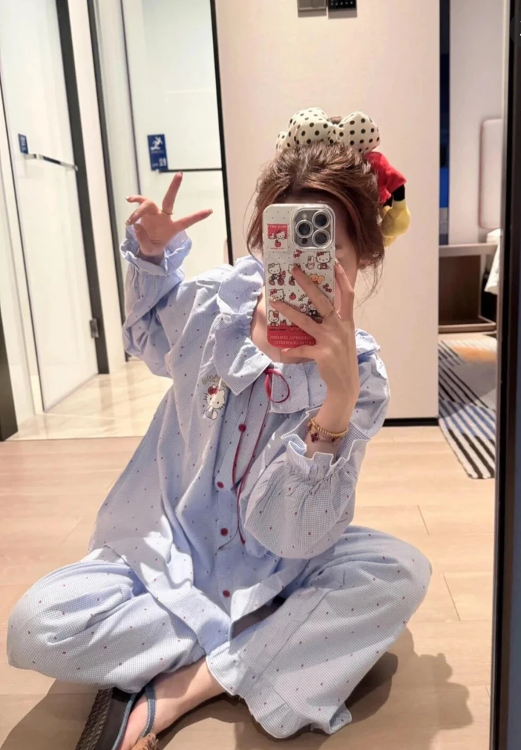 【米多多】(蓝色KT猫) 春季新款甜美睡衣套装爆款家居服