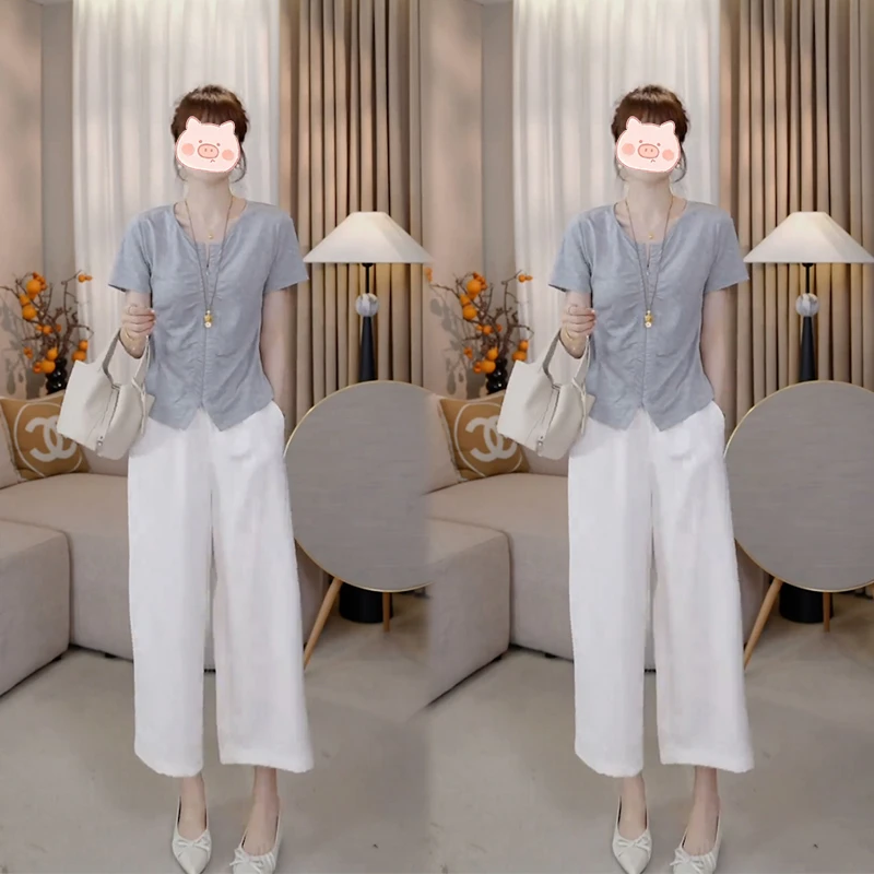 夏季减龄穿搭一整套洋气质显瘦短袖V领T恤上衣搭配宽松休闲裤套装