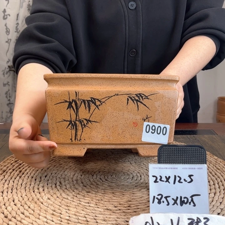 紫砂花盆微瑕柴烧刻绘束口四方0900