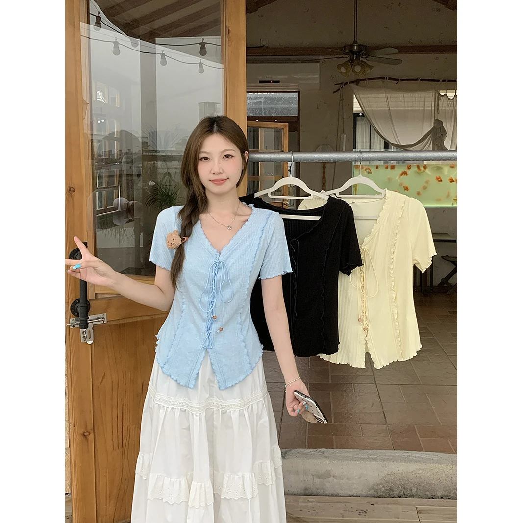 2025夏装新款大码女韩版时尚设计感显瘦木耳边绑带短袖T恤上衣女