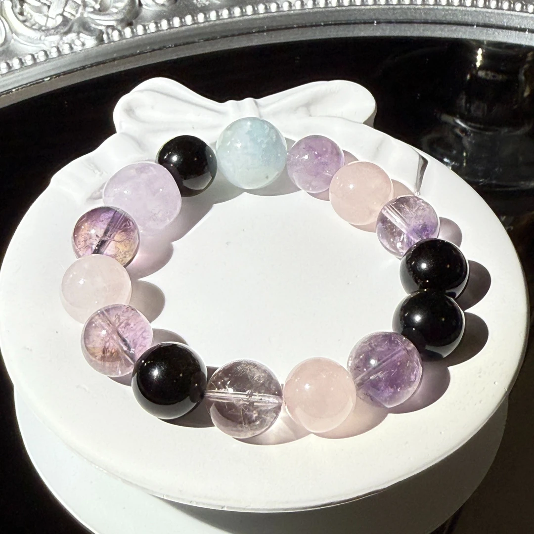 【紫色夜空】原创设计紫水晶搭配黑曜石海蓝宝水晶手串