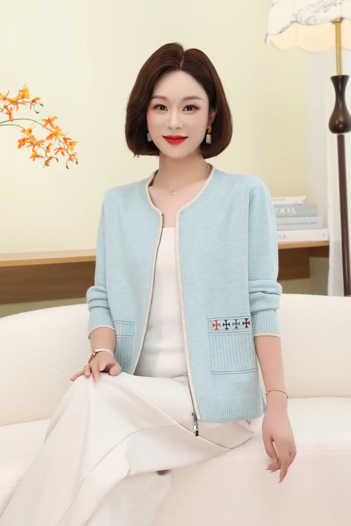 妈妈新款春秋洋气针织衫拉链中老年针织开衫毛衣上衣外套8220
