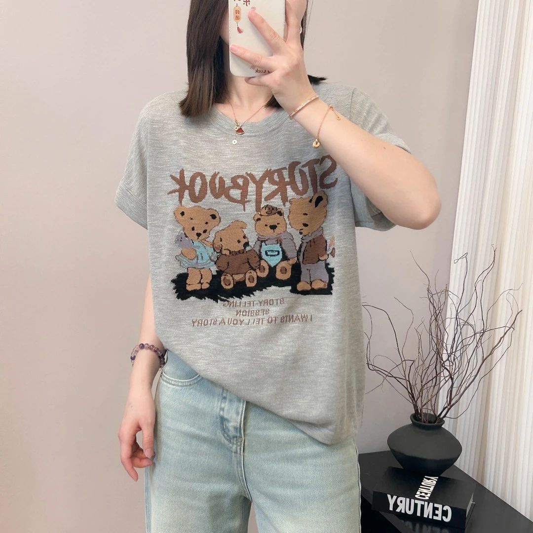 设计感小熊字母印花轻薄飞飞袖短袖T恤女装2025夏季新款宽松上衣