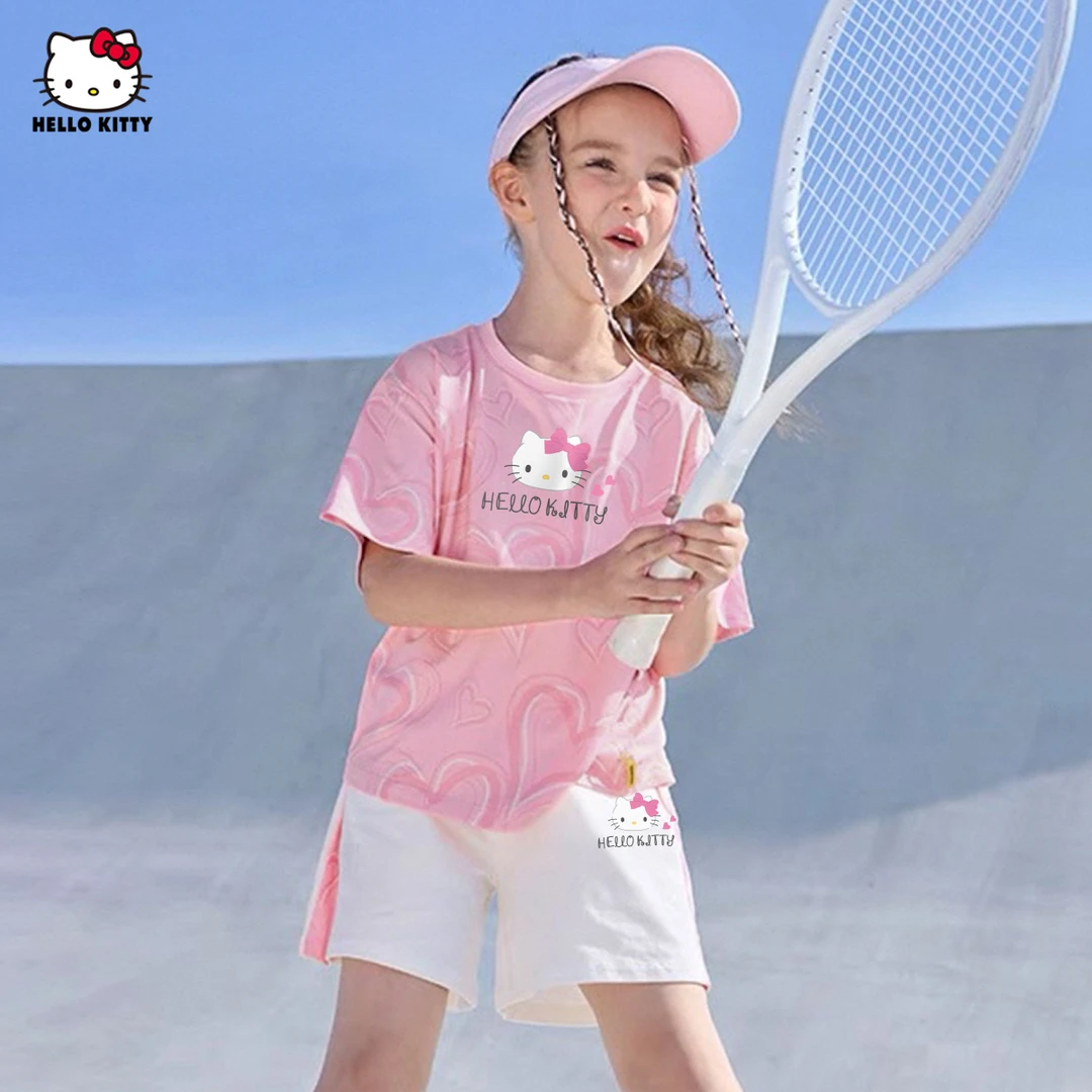 女童夏季套装2025新款卡通印花爱心满印粉系运动中大童两件套