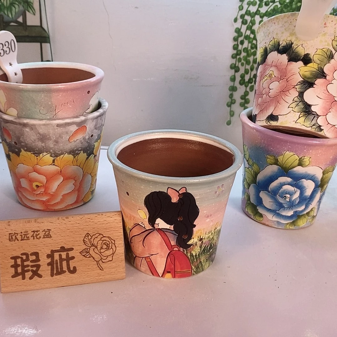 紫砂花盆红陶手绘花盆