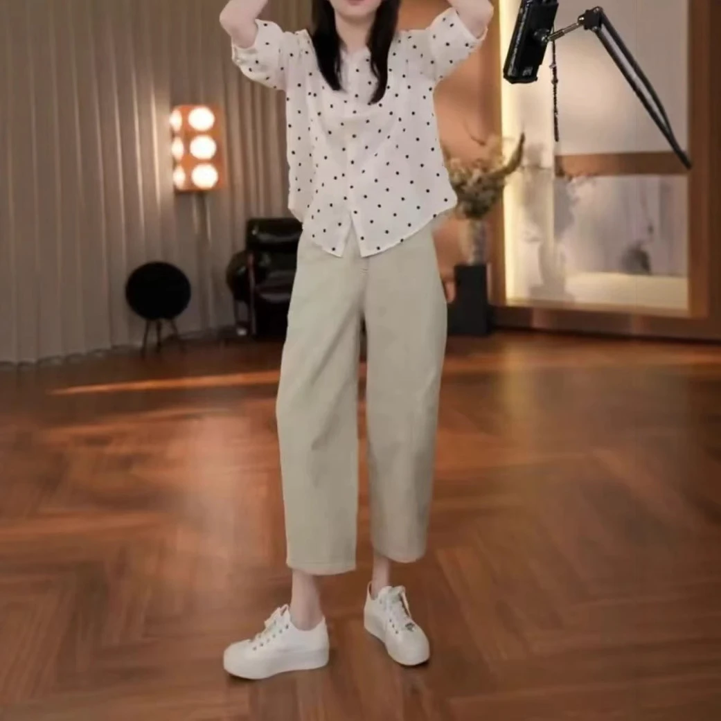中年女装2025夏季新款法式甜美波点五分袖衬衫休闲裤减龄两件套装