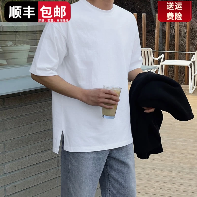 夏季男士短袖t恤男重磅棉纯色ins潮牌半袖宽松落肩中袖下摆开叉