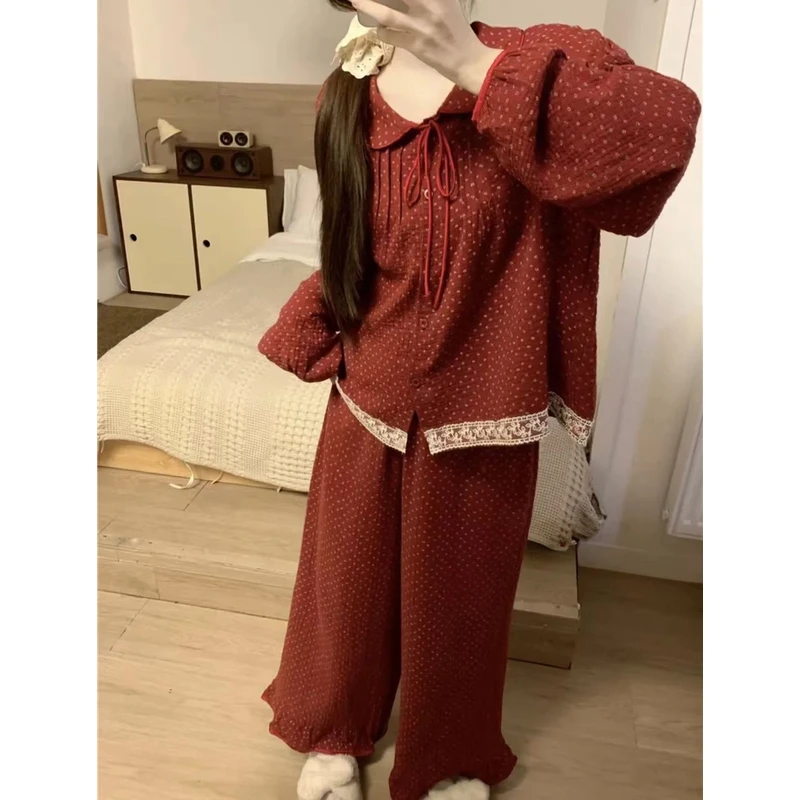 新年款~全棉棉纱睡衣女长袖红色碎花薄款家居服