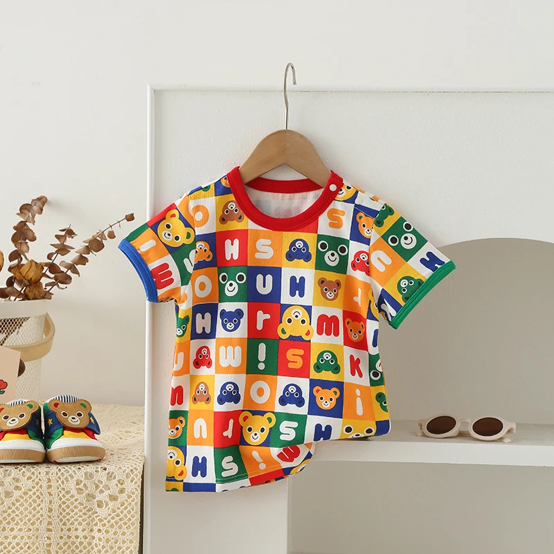 可爱满印方格熊头印花儿童短袖