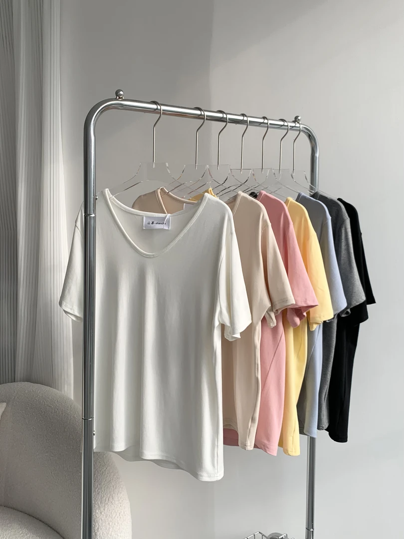白色宽松短袖t恤女v领内搭打底衫春夏新款韩版休闲百搭显瘦上衣潮